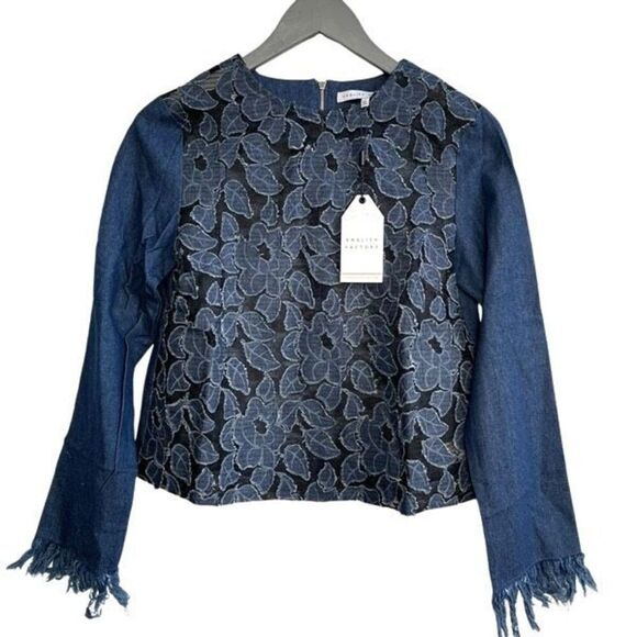 English‎ Factory Womens Embroidered Floral Fringe Denim Blouse Blue Medium NWT - Picture 1 of 6
